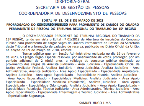 Validade prorrogada concurso TRT 15.