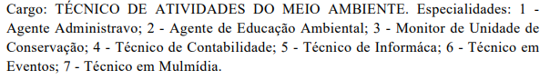 Especialidades do cargo de Técnico do concurso IBRAM DF