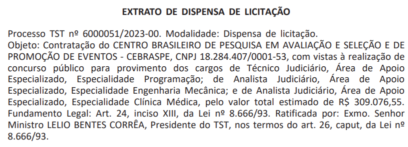 Extrato de dispensa de licitação concurso TST.