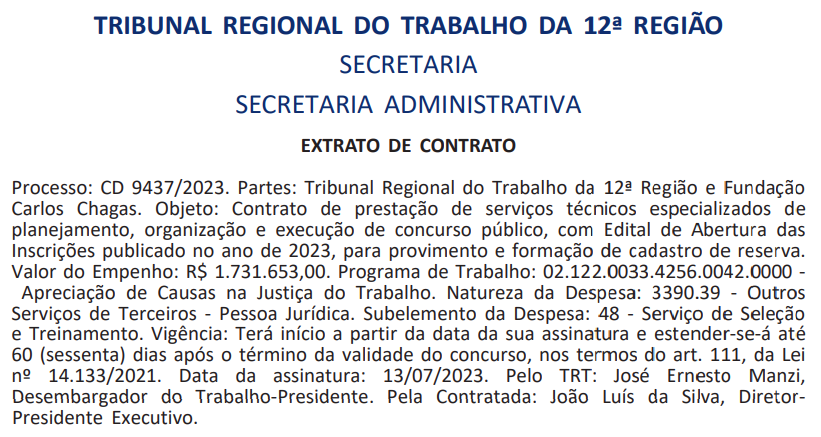 Extrato de contrato TRT SC e FCC.