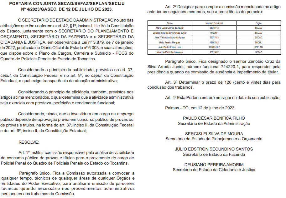 Concurso Polícia Penal TO: comissão formada