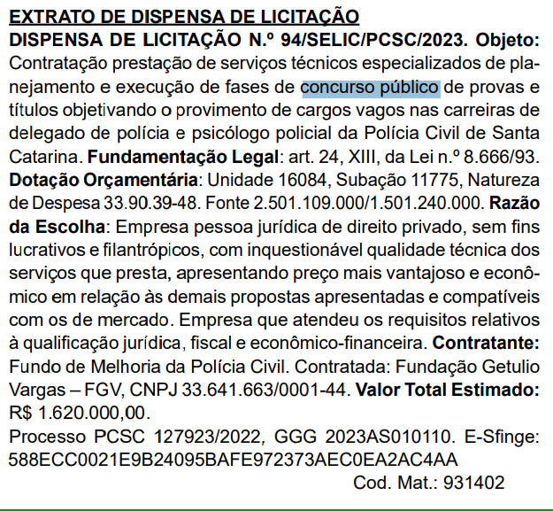 Concurso PC SC: FGV é a banca!