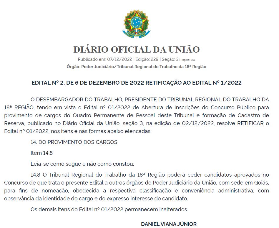 Edital TRT GO retificado