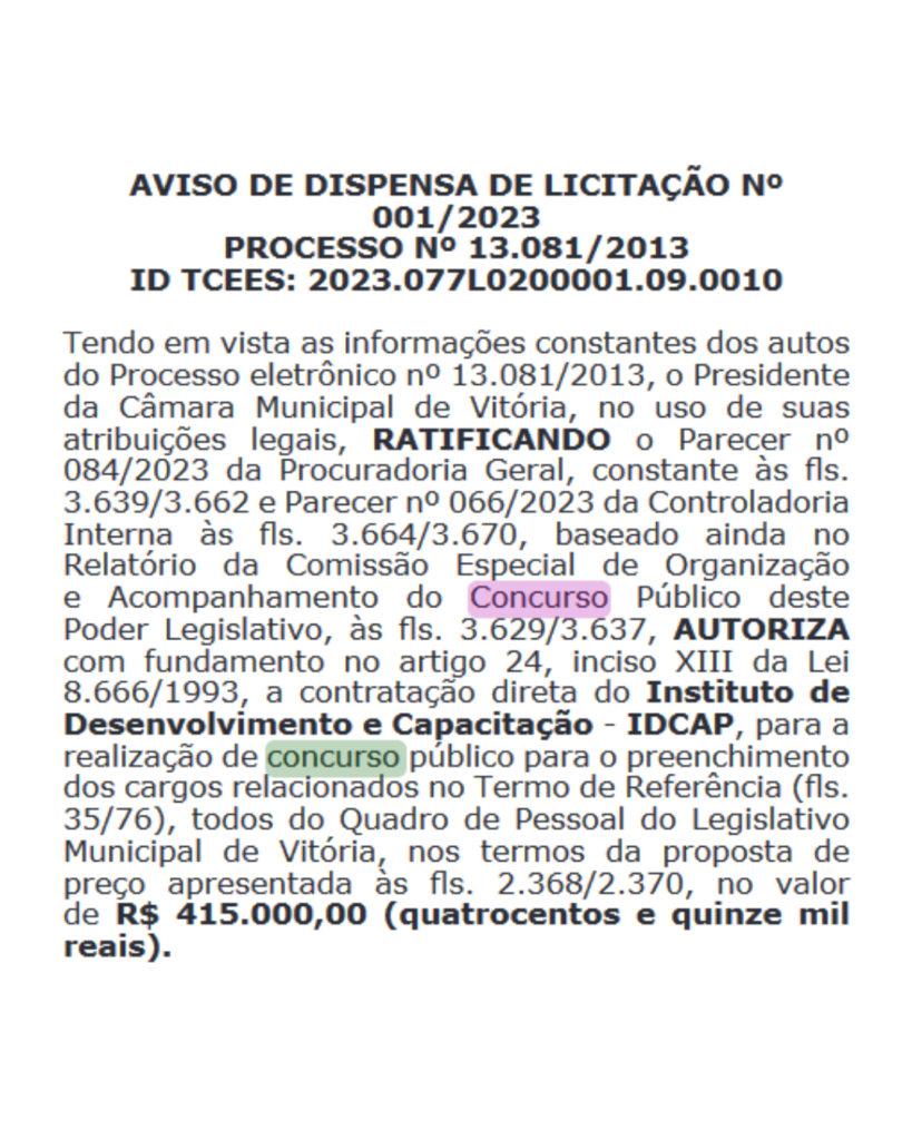 Concurso Câmara de Vitória: IDCAP é a banca!
