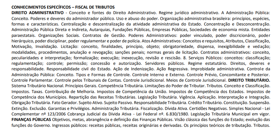 Conhecimentos específicos exigidos ao cargo de Fiscal de Tributos