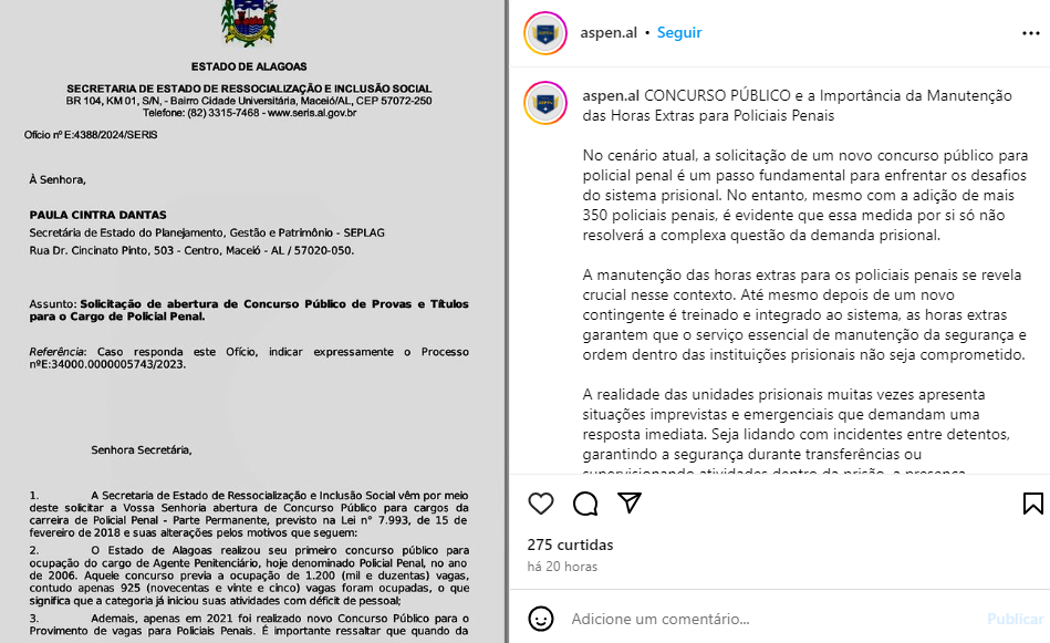 Concurso Polícia Penal AL: posicionamento Associação