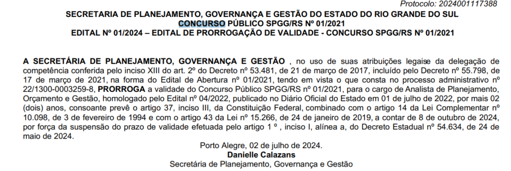Concurso SPGG RS: valide prorrogada por mais 2 anos