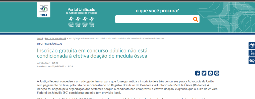 Decisão do TRF 4 destacando que não há necessidade da efetiva doação de medula para ter direito a isenção