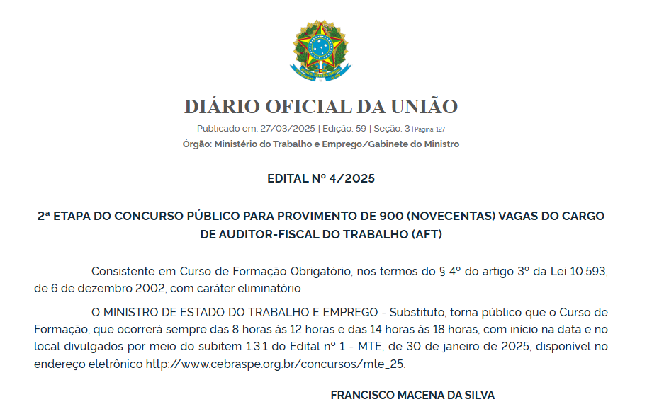 Concurso CNU: AFT fixa horário do curso de formação