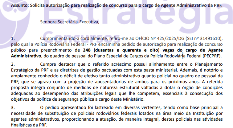 Pedido de concurso para 248 vagas de Agente Administrativo PRF