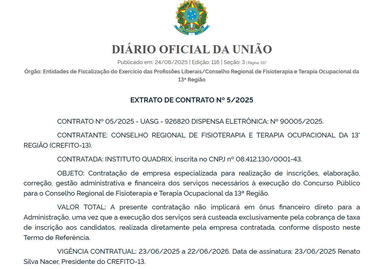 Imagem da publicação no diário oficial da união da definição de banca para o concurso CREFITO 13.