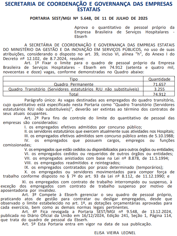 EBSERH amplia quadro próprio de pessoal
