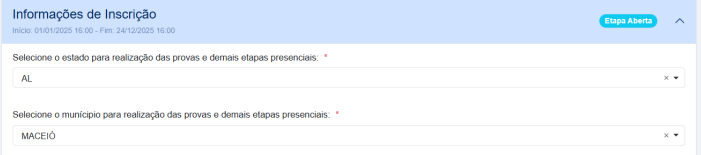 Imagem demonstrando a seleção de localidade de prova para realização do CNU 2025