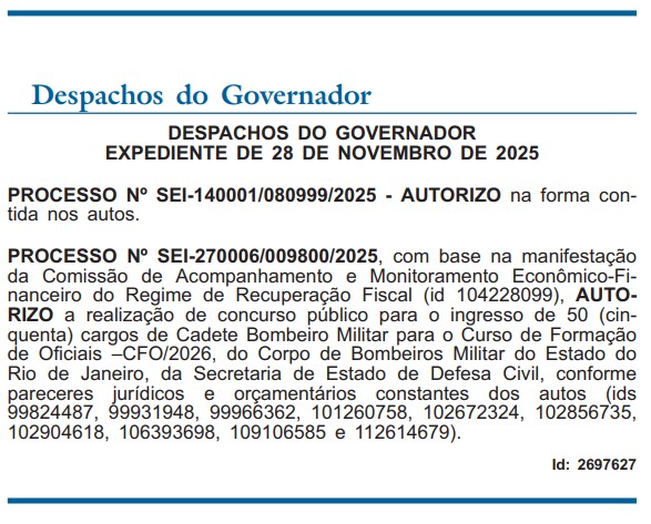Concurso Bombeiros RJ Oficial: Autorização